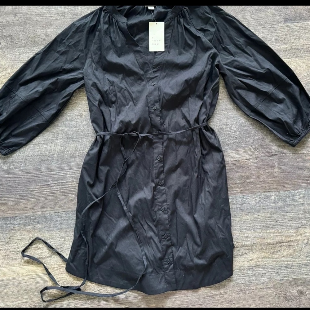 A New Day Women's 3/4 Sleeve Mini Button Shirt‎ Dress Lightweight Black XS